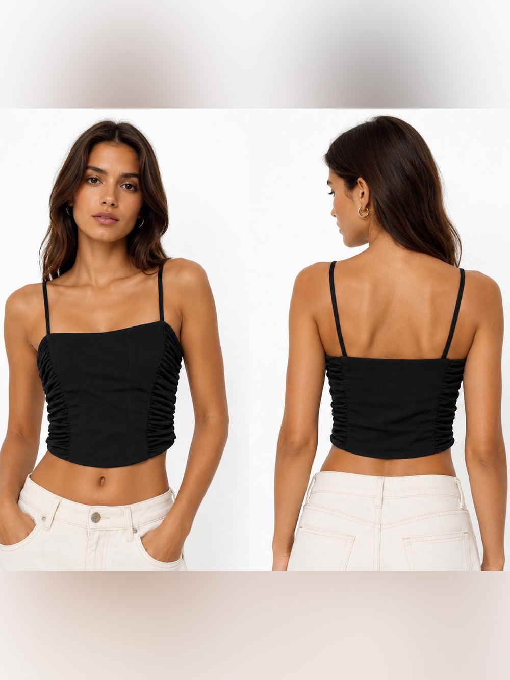 Zara Black Ruched Bustier Crop Top Spaghetti Straps zipper side
